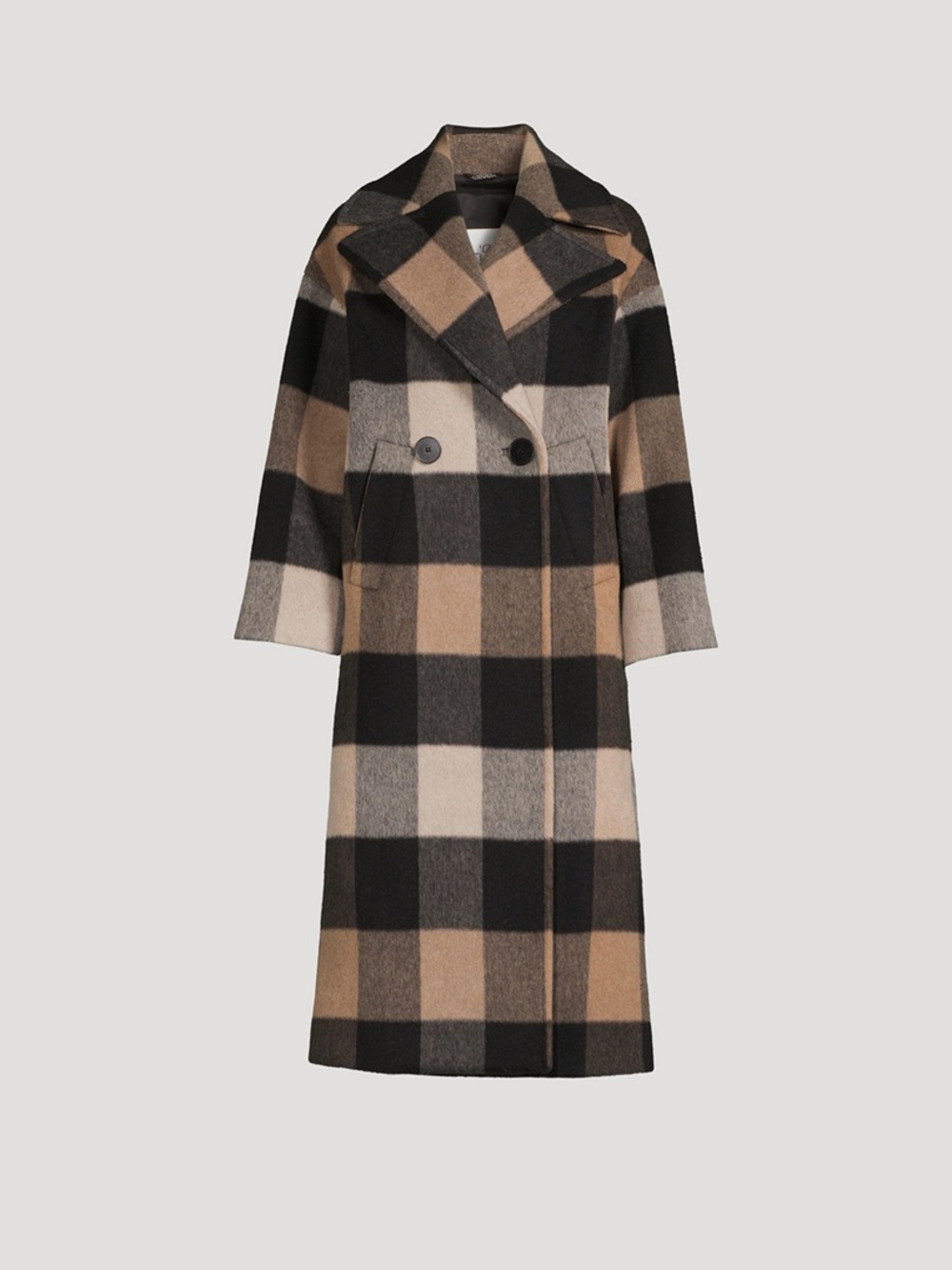 Society Plaid Double-Breasted Coat in Black, Tan & Cream